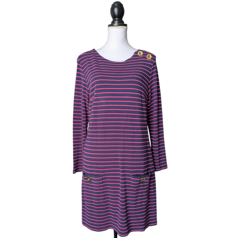 STS Sail To Sable Navy Blue Pink Striped Dress Size Medium Long Sleeve Pockets